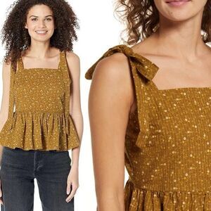 Madewell Rosalie Tie-Strap Top Daisy Stitch Yellow Floral Smocked Tank Size L